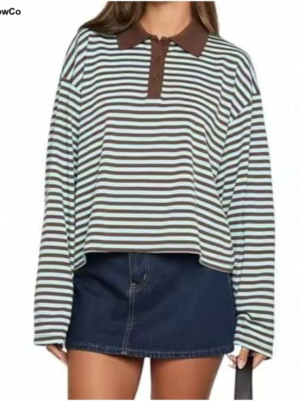 Women Striped Long Sleeve Polo Neck Loose Sweatshirt